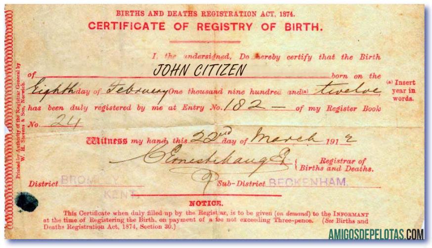 Certidão de nascimento do registrador de nascimentos e óbitos da Inglaterra amostra